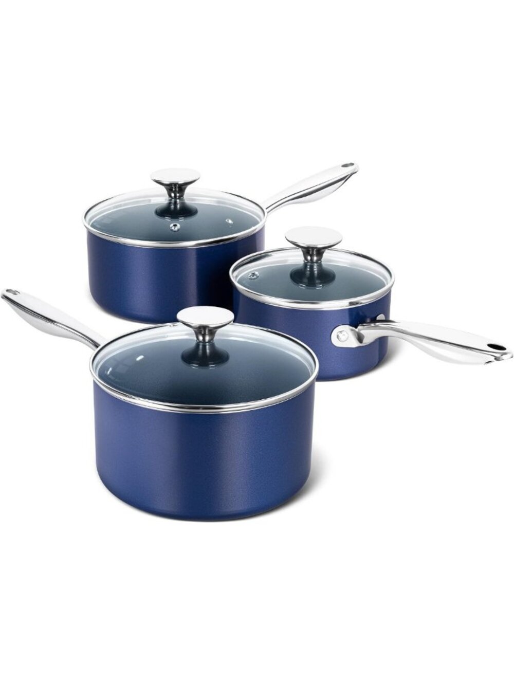 Ceramic Nonstick Saucepan Set with Lids, 1.5Qt, 2Qt, 3Qt, Oven Safe, Blue